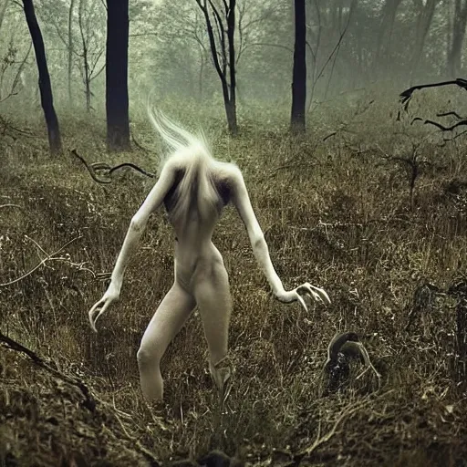 Prompt: horror, photography, cinematic, a pale creeping tangle of human limbs with tufts of hair and deformed features, emerges from the edge of a forest into a field, disturbing, unsettling