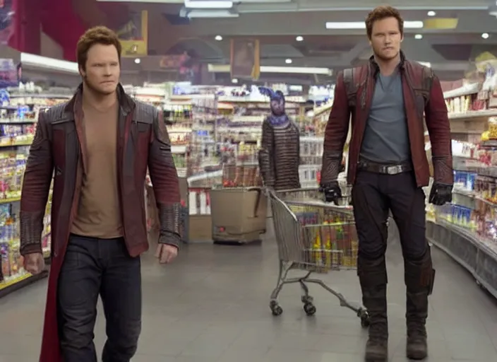 Image similar to film still of Star-Lord played by Chris Pratt shopping in a supermarket in the new Guardians of the Galaxy movie, 4k