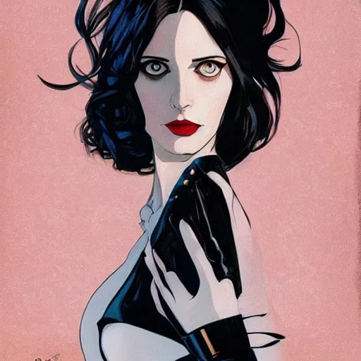 Image similar to Joshua Middleton comic art, stunning elegant female Eva Green, spy, eye patch over left eye,beautiful evil smile, symmetrical face, symmetrical eyes, leather clothing, long straight black hair, full body, MIdnight