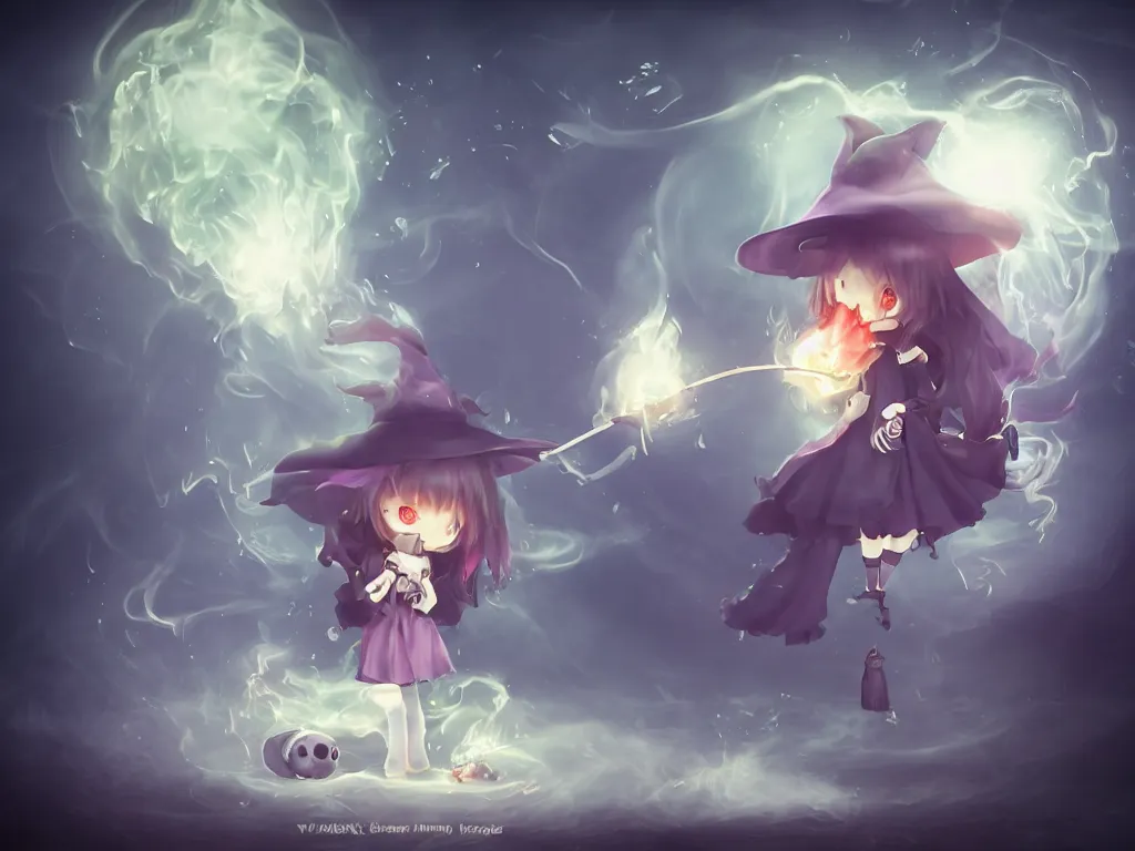 Prompt: cute fumo plush girl witch stirring a cauldron swirling with strange energy, ominous cauldron of glowing potion, eldritch gothic horror, smoke and volumetric fog, witch girl, soothsayer, lens flare glow, chibi anime, vray