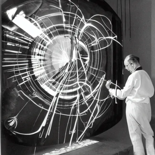 Image similar to filmstill of Marcel Duchamp working on a futuristic machine, long exposure, archival pigment print