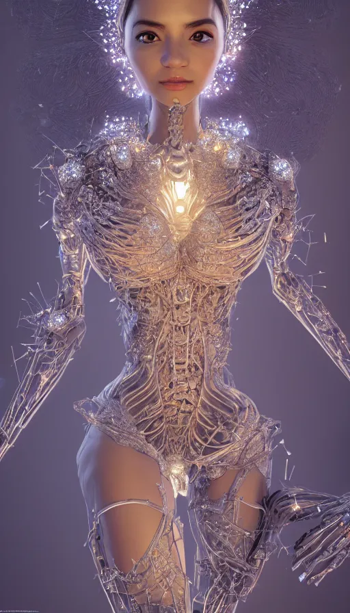 Image similar to full body detailed, ethereal, biomechanical, covered in diamonds and other gems glowing, highly detailed face, elegant posed, intricate, extremy detailed, beeple, cgsociety, 3 d unreal engine octane render. cinematic lighting, highly detailed 4 k art