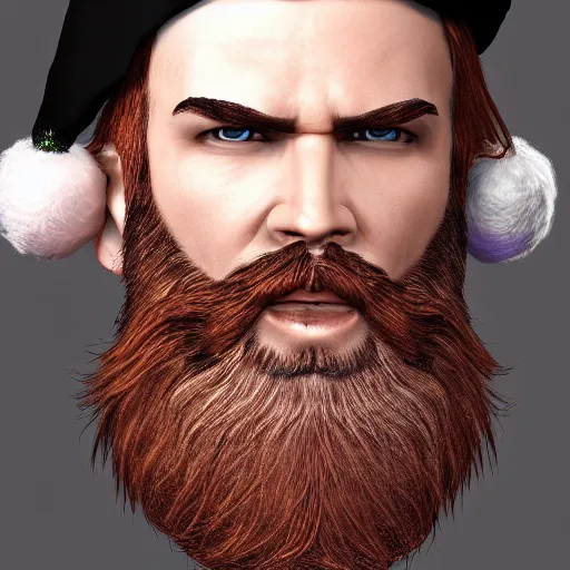 Image similar to strong attractive man face symettry brown beard with christmas hat masculine traits brown hair purple eyes clean skin ultra realistic highly detailed highly realistic 8 k photo realistic