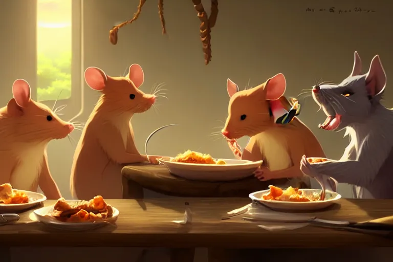 Prompt: anthropomorphic rats eating a delicious dinner, key visual, a fantasy digital painting by makoto shinkai and james gurney, trending on artstation, highly detailed