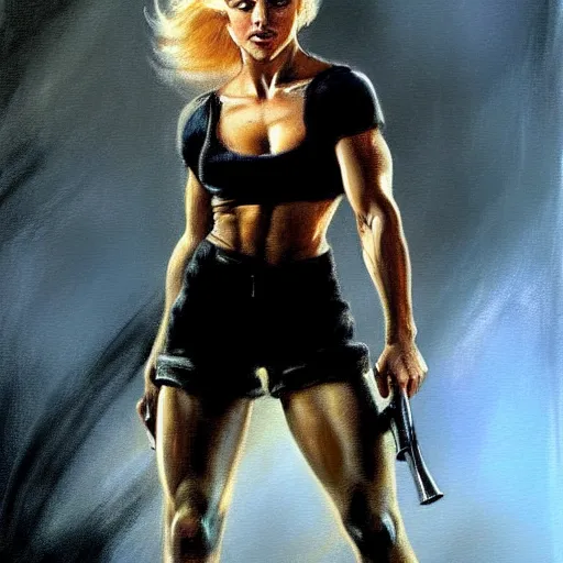 Prompt: julianne hough by boris vallejo and frank frazetta, a secret agent, wearing black shorts, wearing black boots, wearing a cropped top, blade runner, highly detailed, digital painting, artstation, concept art, smooth, sharp focus ilustration, artstation, hq