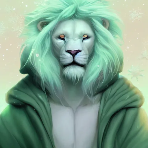 Image similar to aesthetic portrait commission of a albino male furry anthro lion surrounded by glistening floating bubbles while wearing a cute mint colored cozy soft pastel wizard outfit, winter Atmosphere. Character design by charlie bowater, ross tran, artgerm, and makoto shinkai, detailed, inked, western comic book art, 2021 award winning painting