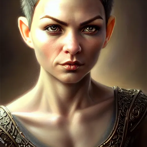 Image similar to portrait of a beautiful cute muscular charming realistic female gnome engineer, undercut black hair pixie cut, d & d, micro detail, intricate, elegant, highly detailed, centered, rule of thirds, artstation, sharp focus, illustration, artgerm, tomasz alen kopera, donato giancola, wlop