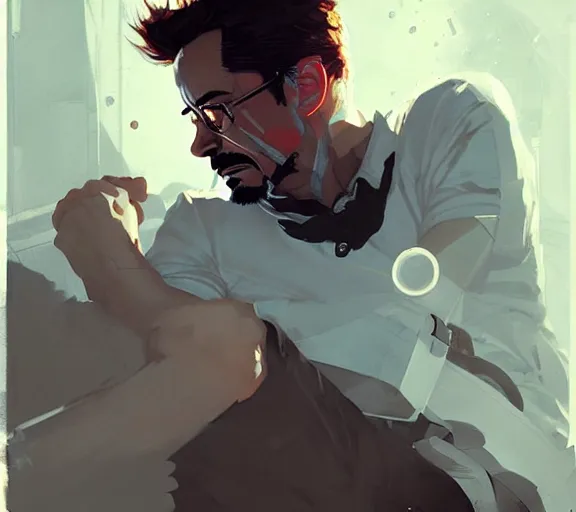 Prompt: portrait tony stark having a nightmare atey ghailan, by greg rutkowski, by greg tocchini, by james gilleard, by joe fenton, by kaethe butcher, by ashley wood, dynamic lighting, gradient light blue, brown, blonde cream and white color scheme, grunge aesthetic