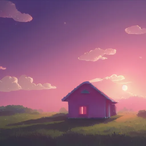 Image similar to a pink house in the sky, clouds, lush, studio ghibli, sylvain sarrailh, cinematic light, majestic, concept art, volumetric lighting, magic atmospheric, 8 k, wide angle, epic composition, award winning, artstation