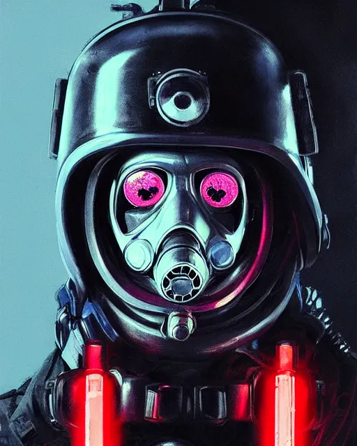 Image similar to detailed portrait neon female swat officer, cyberpunk futuristic, neon, gas mask, lightsaber, reflective puffy coat, decorated with traditional japanese by ismail inceoglu dragan bibin hans thoma greg rutkowski alexandros pyromallis nekro rene margitte, fire & smoke, illustrated, perfect face, fine details, realistic shaded, fine - face, pretty face