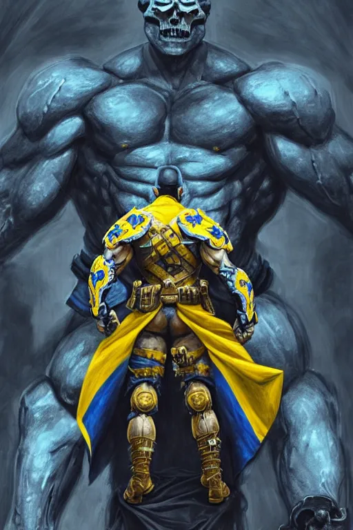 Image similar to a distant shot from behind of a Ukrainian super soldier with blue and yellow flag behind him standing alone on a huge pile of skulls as a winner, masculine muscular figure, D&D, fantasy, intricate, elegant, highly detailed, extremely detailed, digital painting, artstation, concept art, matte, smooth, sharp focus, symmetrical, illustration, art by Artgerm and Greg Rutkowski and Alphonse Mucha