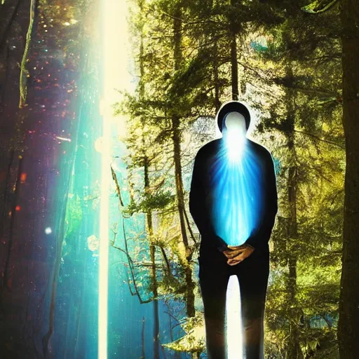 Image similar to thom yorke singer songwriter in a forest in a spacesuit filling up with water, waterline refractions, anamorphic lens flare, beautiful blueish eyes, eyes reflecting into eyes reflecting into infinity, spherical tiny round eye pupils, eyes reflecting into eyes reflecting into infinity, dramatic lighting