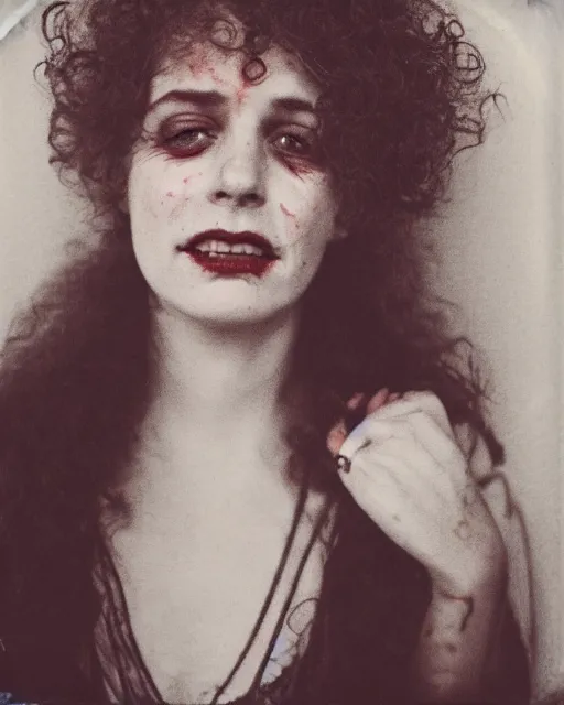 Prompt: an instant photo of a beautiful but sinister, smiling woman in layers of fear, with haunted eyes and curly hair, 1 9 7 0 s, seventies, delicate embellishments, a little blood, crimson, painterly, offset printing technique, mary jane ansell