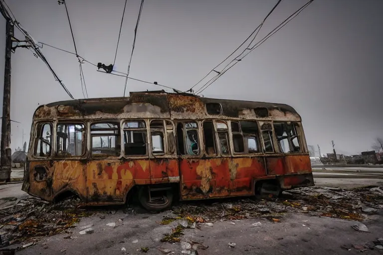 Prompt: low wide angle shot of dilapidated fallout 5 europa, european cityscapes, desolate, dilapidated neon signs, few rusted retro futuristic vintage parked vehicles like cars, buses, trucks, trams, volumetric lighting, photorealistic, fog, daytime, autumn, overcast weather, sharp focus, ultra detailed, 4 0 0 0 k