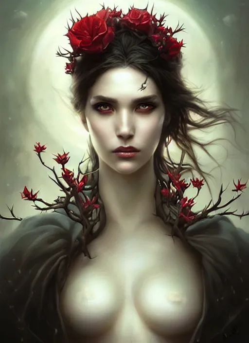 Prompt: a beautiful woman with thorns growing from her face, painted by artgerm and tom bagshaw, fantasy art, dramatic lighting, highly detailed oil painting