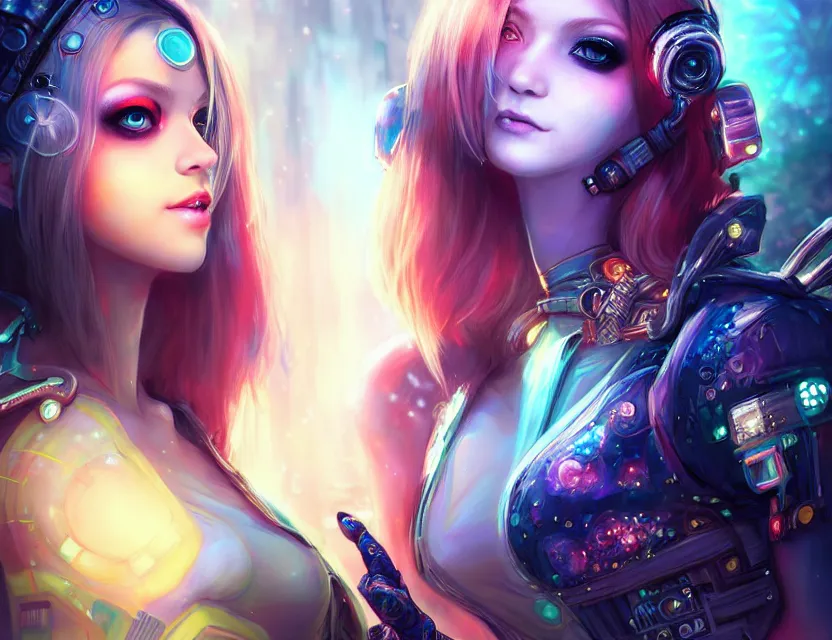 Prompt: two beautiful fashion cyberpunk girls wear fantasy dress in festival | | big eyes, sunny, dreamlike art, realistic shaded, smile, good looking, hyper details, 4 k realistic, cryengine, realistic shaded lighting poster by artgerm, ross tran, fuji choko, loish, artgerm, 8 k resolution, trending on artstation, luxury