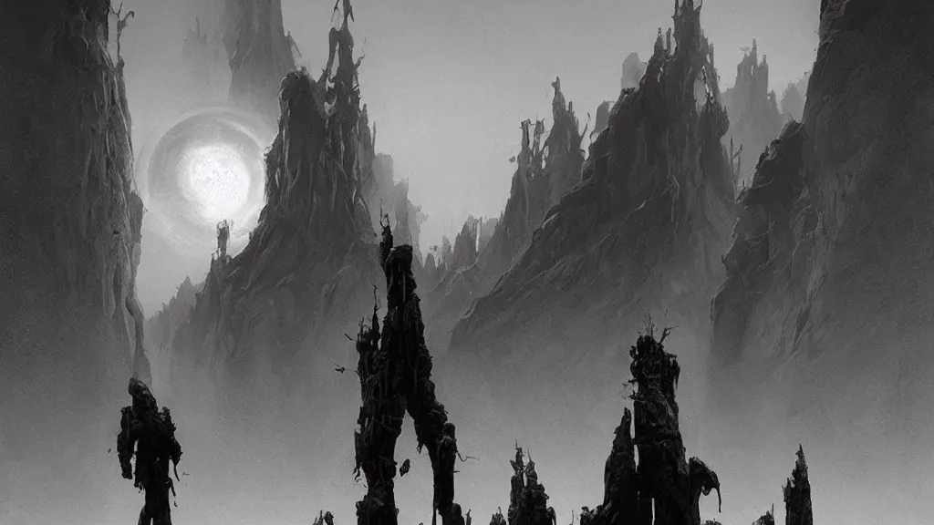 Image similar to eerie atmospheric alien worlds by john schoenherr and glenn barr, epic cinematic matte painting