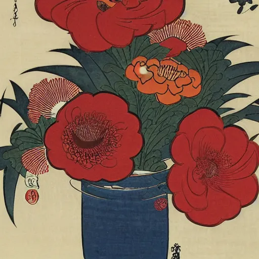 Image similar to bouquet of flowers, centered, symmetrical, ukiyo-e style, Hokusai, Hiroshige