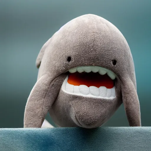 Prompt: close-up photograph of a happy dolphin, plush doll, 8k