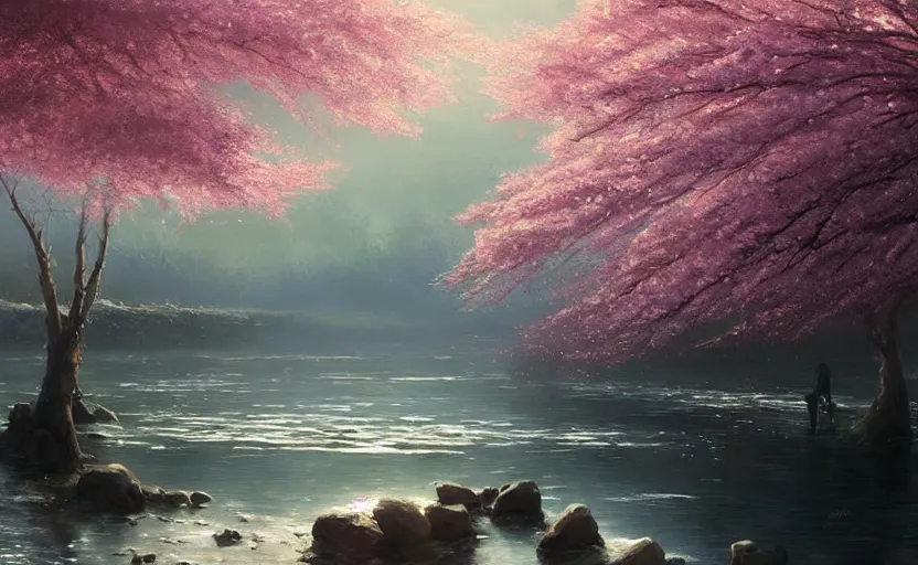 Image similar to japanese cherry blossom trees by a river, fantasy digital painting by greg rutkowski, by james gurney, trending on artstation, highly detailed