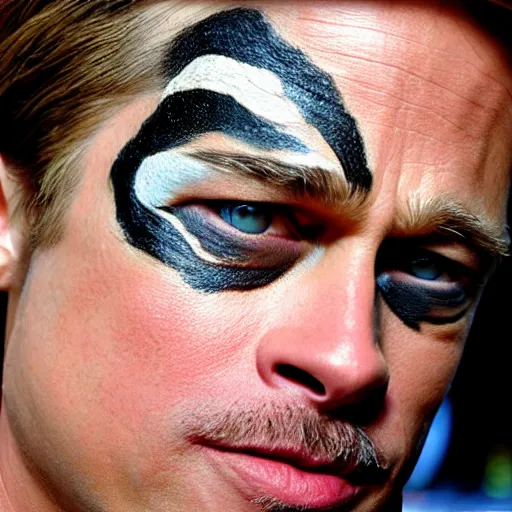 Prompt: photo, close up, brad pitt with camouflage tiger stripe face paint, android cameraphone, 2 6 mm,