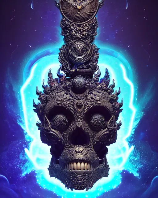 Prompt: 3 d ornate carved dark cosmic king with profile portrait, sigma 5 0 0 mm f / 5. beautiful intricate highly detailed quetzalcoatl skull. bioluminescent, plasma, lava, ice, water, wind, creature, thunderstorm! artwork by tooth wu and wlop and beeple and greg rutkowski, 8 k trending on artstation