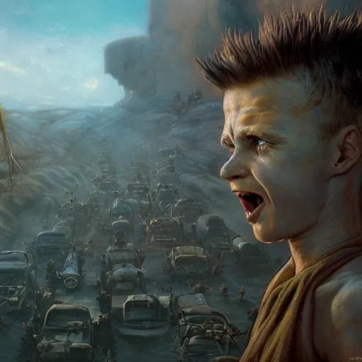 Image similar to Epic Masterpiece wide angle shot of Bart Simpson in Mad Max Fury Road, drawn by Donato Giancola and Tom Bagshaw, Edmund Leighton, Alphonse Mucha, 4k, volumetric lighting, komorebi, trending on artstation, octane render, hyperrealistic