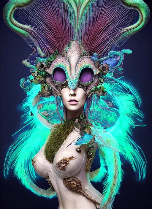 Image similar to 3 d goddess medium shot half - turn portrait with futuristic rococo mycorrhizal fungal implants. beautiful intricately detailed avante garde chameleon mask and alchemical feather and fur sorceress outfit. bioluminescent highlights, polyphony, pulse projections, plasma, creature, artwork by tooth wu and wlop and android jones and beetle and greg rutkowsk