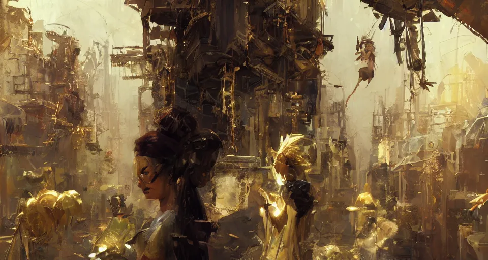 Prompt: craig mullins and ghibli digital art of theater, stage, masked female violinists, exotic costumes, gold jewelry, black hair, solo performance unreal engine, hyper realism, realistic shading, cinematic composition, realistic render, octane render, detailed textures, photorealistic, wide shot