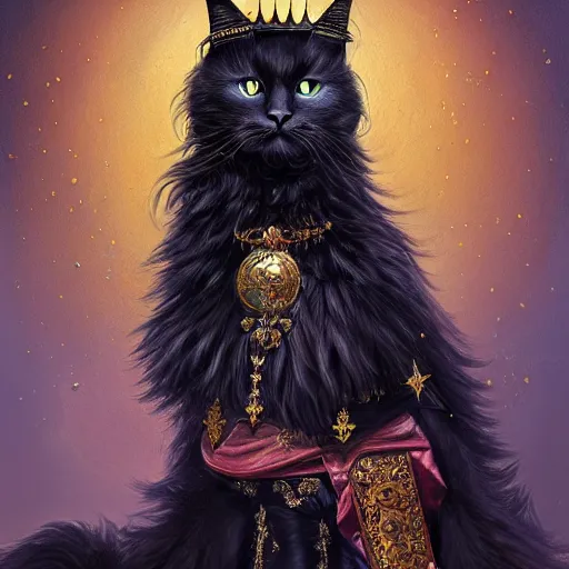 Image similar to an oil painting portrait of a long haired fluffy black Cat wearing medieval royal robe and an ornate crown on a dark space background digital Art, concept Art, highly detailed, 3-D 4K, trending on art station, Mark Brooks,