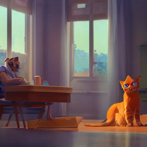 Prompt: a cat and man exist in a room. digital art. artstation. realistic. vibrant. illustration. in the style of pixar movie. octane render. art by makoto shinkai, stanley artgerm lau, wlop, rossdraws. volumetric lighting.