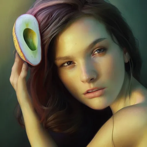 Image similar to lauren walsh lovingly cradling an avacado, fullbody, ultra high detailed, oil painting, greg rutkowski, charlie bowater, yuumei, yanjun cheng, lauren walsh, unreal 5, daz, hyperrealistic, octane render, rpg portrait, dynamic lighting, fantasy art, beautiful face