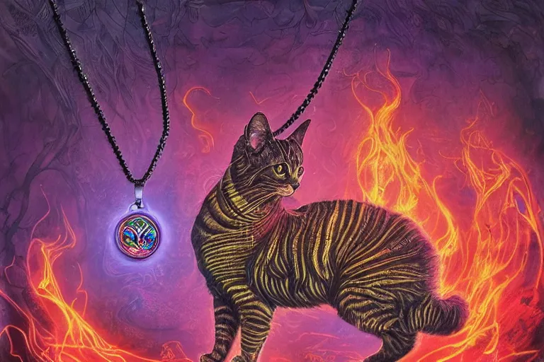 Prompt: psychedelic cat with trinket necklace, epic angle and pose, reflective pool, symmetrical artwork, ayahuasca, translucent, fungus, energy flows of water and fire, highly detailed, epic cinematic concept art, excellent composition, dystopian brutalist atmosphere, dynamic dramatic lighting, aesthetic, very inspirational, arthouse, Greg Rutkowski, Artgerm