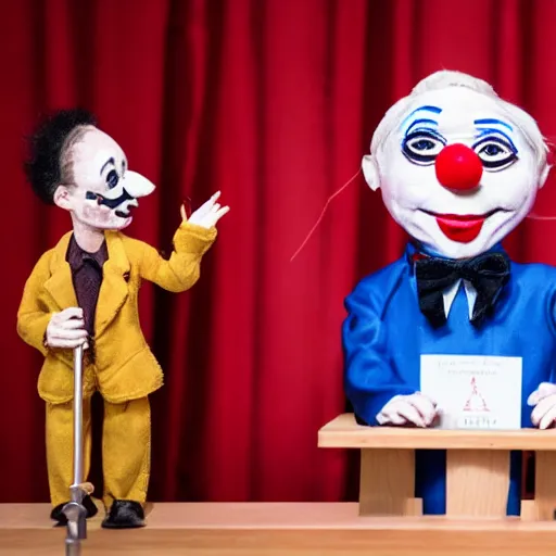 Prompt: puppet show with a puppeteer using a president with clown makeup in a podium