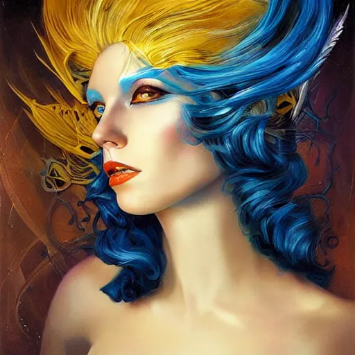 Prompt: a woman with blue and gold hair, an art deco painting by art of brom and karol bak and aurel bernath, featured on behance and cgsociety, fantasy art, gothic art, poster art, art deco, tarot card, pre - raphaelite, made of feathers