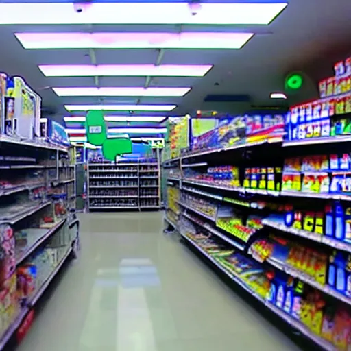 Image similar to abandoned robot android factory in a convenience store, damaged camcorder video