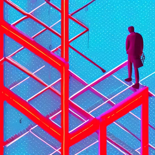 Image similar to rainy night in a neon red and neon blue city, silhouette of a man standing on a high balcony looking down, 4k, isometric