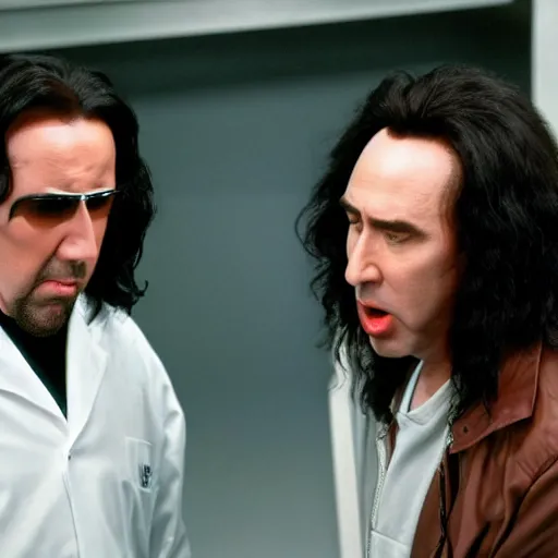 Prompt: filmic extreme close up shot movie still 4 k uhd interior 3 5 mm film color photograph of nicolas cage and tommy wiseau as two scientists arguing and yelling in a lab in antartica