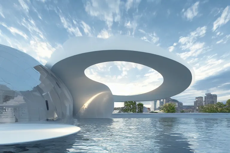 Image similar to a bubble building formed by the intersection and fusion of many white spherical spaces, on the calm lake surface, people's perspective modern curved architecture, future, wood, marble, metal award winning, highly detailed 4 k art, dusk, unreal engine highly rendered, global illumination, radial light, internal environment by kazuyo sejima