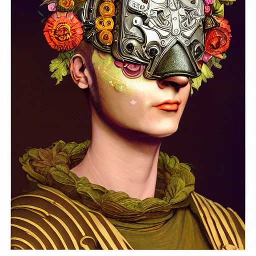 Prompt: a baroque neoclassicist close - up renaissance portrait of an android wearing a carnivale eyemask made from flowers, reflective detailed textures, highly detailed fantasy science fiction painting by moebius, norman rockwell, frank frazetta, and syd mead and tino rodriguez. art deco shaman. rich colors, high contrast. artstation
