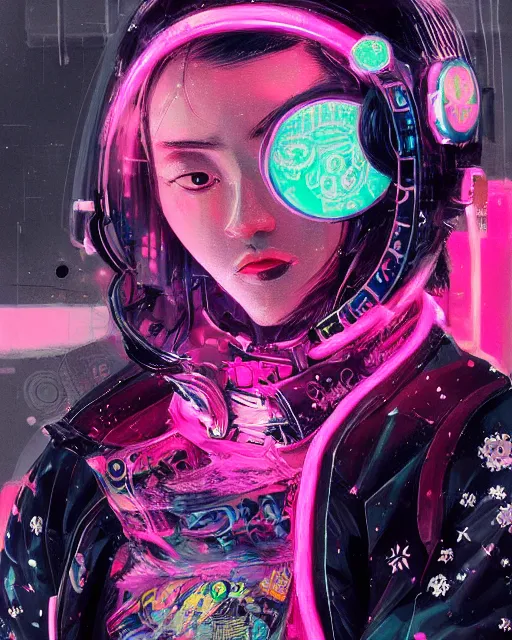 Image similar to detailed portrait Neon Operator Girl, cyberpunk futuristic neon, reflective puffer jacket, black leggings, decorated with traditional Japanese ornaments by Ismail inceoglu dragan bibin hans thoma !dream detailed portrait Neon Operator Girl, cyberpunk futuristic neon, reflective puffy coat, decorated with traditional Japanese ornaments by Ismail inceoglu dragan bibin hans thoma greg rutkowski Alexandros Pyromallis Nekro Rene Maritte Illustrated, Perfect face, fine details, realistic shaded, fine-face, pretty face