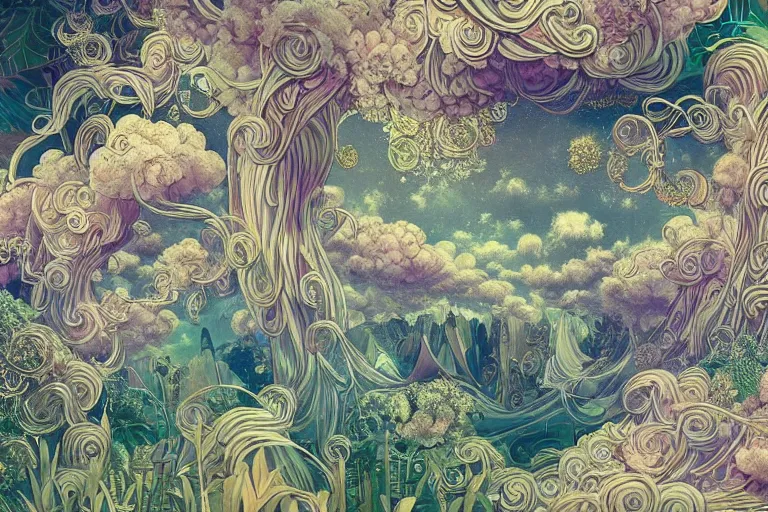 Image similar to simplicity, a huge flock of many ornate mottled puffy filigreed clouds tangled into large whirling ultra detailed crystal specimens, art nouveau jungle environment, playful, award winning art, epic dreamlike fantasy landscape, ultra realistic,