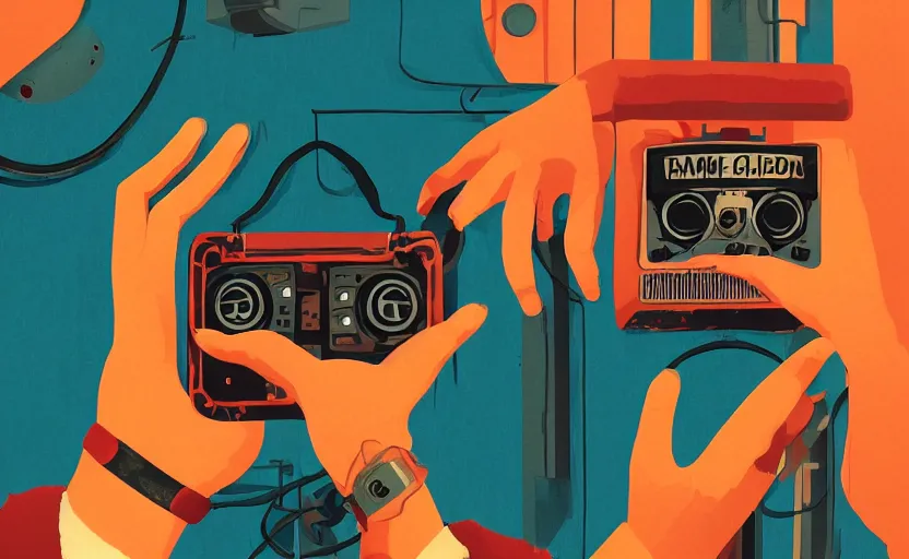 Prompt: person holding an old broken hand radio with dials, james gilleard, print, game art