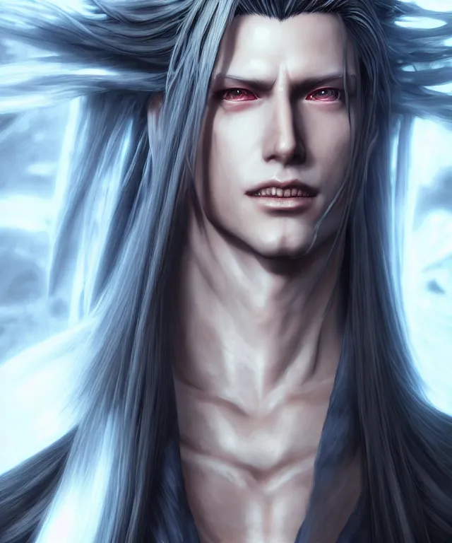 Prompt: sephiroth in the style of ayami kojima, crisp 8 k line art, digital painting, artstation, unreal engine, octane render, emissive lighting, concept art, matte, sharp focus, hyper realistic lighting, illustration