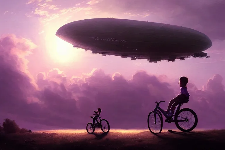 Image similar to kid rides a bicycle waving good bye to the airship at sunset, in the style of greg rutkowski, intricate and epic composition, purple by caravaggio, insanely quality, highly detailed, masterpiece, purple light, artstation, 4 k