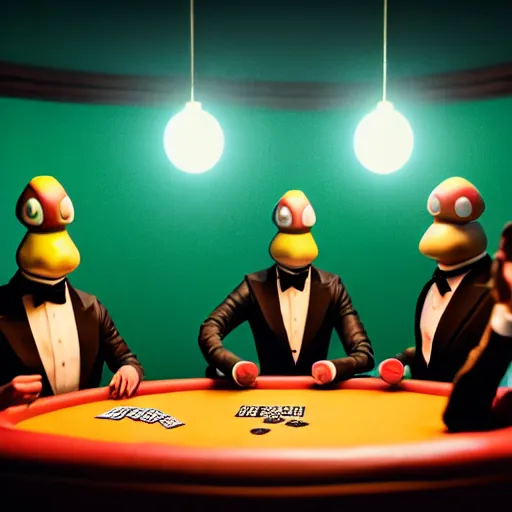 Image similar to hyperrealism simulation highly detailed human turtles'wearing detailed tuxedos and smoking, playing poker in surreal scene from cyberpunk movie from future by wes anderson and denis villeneuve and mike winkelmann rendered in blender and octane render