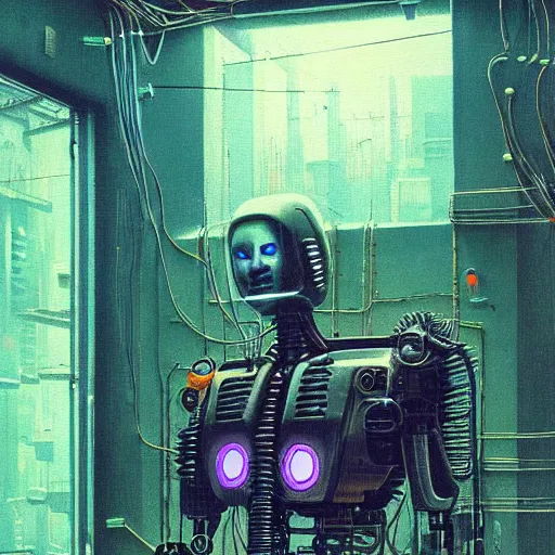 Prompt: cyberpunk robot with neon lights and exposed wiring, highly detailed beksinski style cyberpunk 2 0 7 7 painting