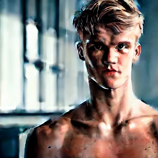 Image similar to a realistic detailed photo of a guy who is an attractive humanoid who is half robot and half humanoid, who is a male android, soccer player martin ødegaard, shiny skin, posing like a statue, blank stare, in a living room, on display, showing off his muscles