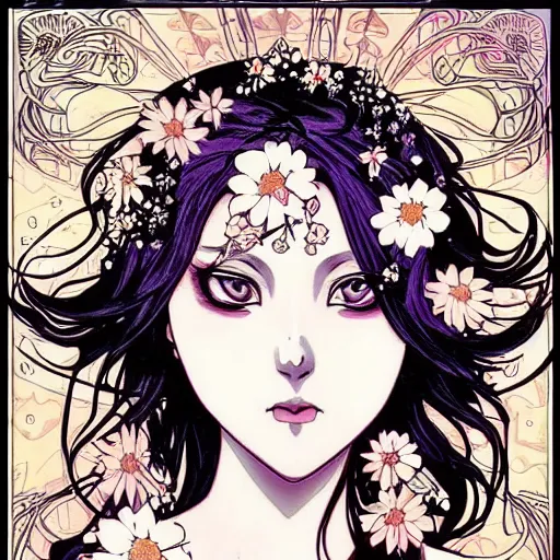 Image similar to anime manga skull portrait woman hair floral details comic skeleton illustration style by Alphonse Mucha and James Jean and Sainer Etam pop art nouveau