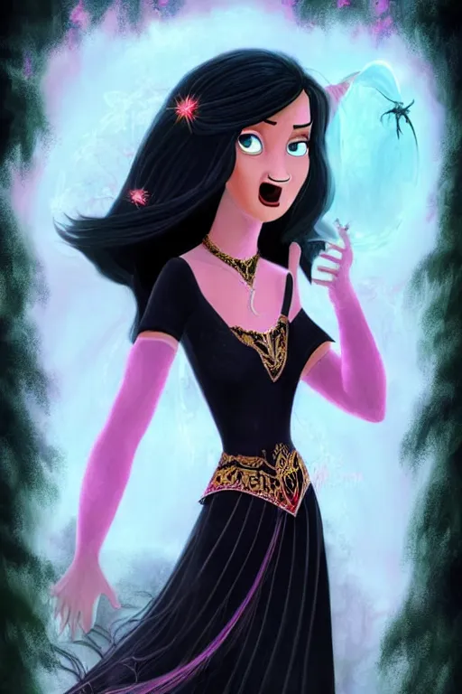 Prompt: Full body Portrait of a beautiful songtress, 30 years old, black and pink dress, long black hair, straight hair, dark Blue eyes, singing for you, castle background, extremely detailed face, high fantasy, magic music, dungeons and dragons, important: No extra arms or hands, no extra characters, solitary, blizzard entertainment, industrial light and magic, pixar, matte painting, mucha, trending on Artstation, artstationHD, artstationHQ, octane, cgsociety, HD, 16K